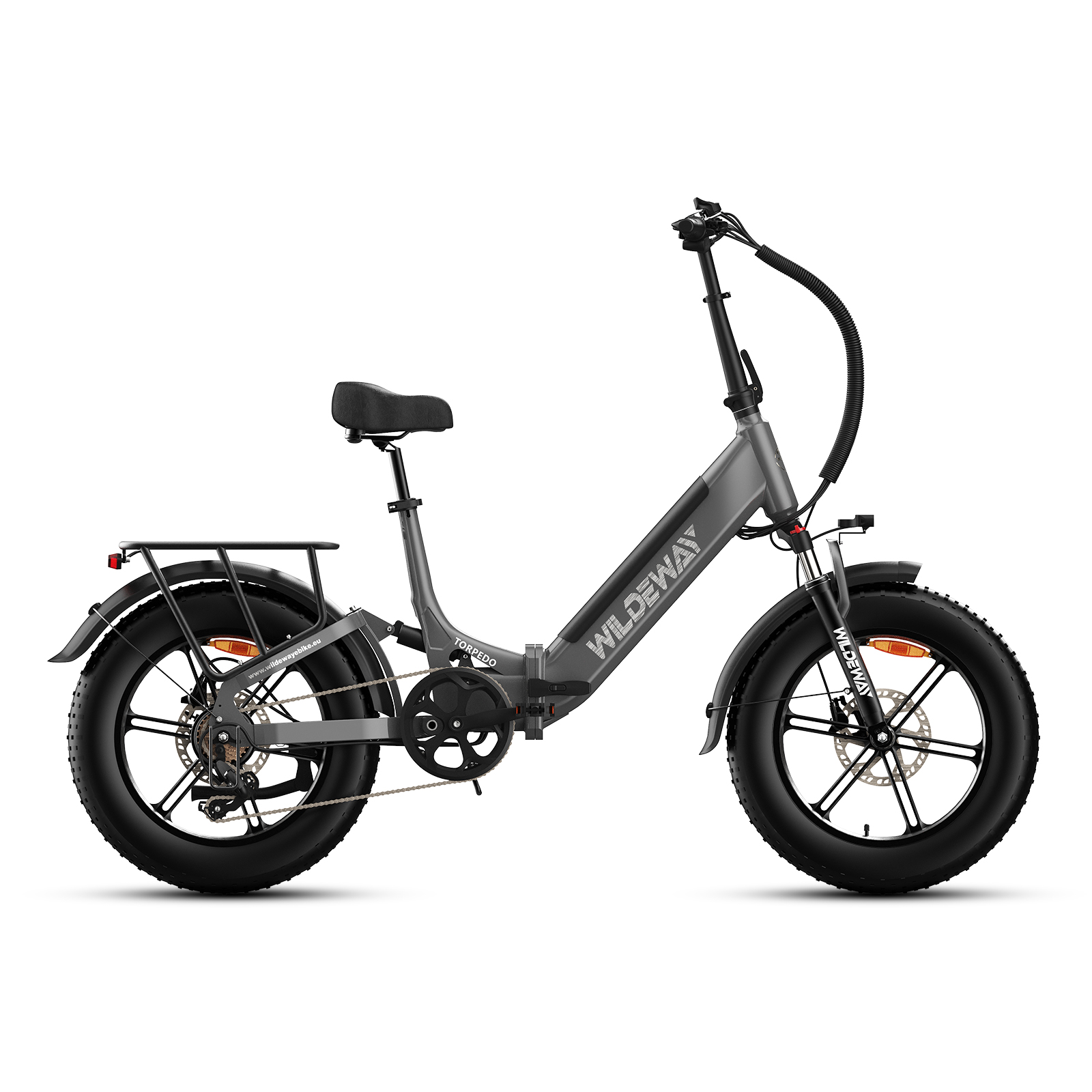 Bicicleta eléctrica plegable gris con neumáticos anchos, portaequipajes y guardabarros.