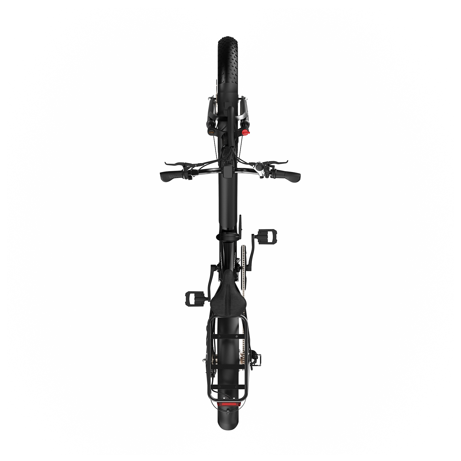 Bicicleta fat bike negra desde arriba, con ruedas anchas, manillar y portaequipajes.