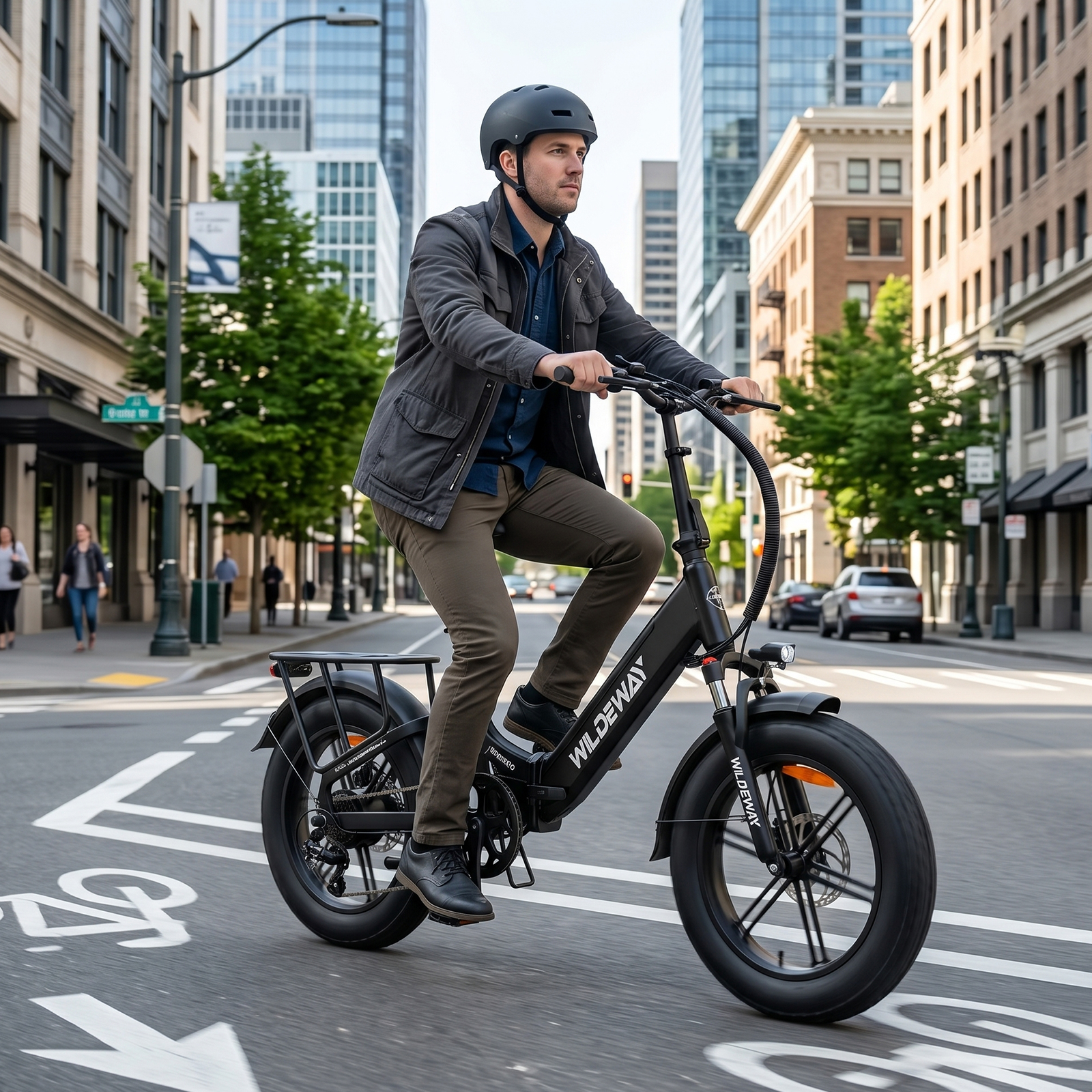 Un hombre conduce una bicicleta eléctrica negra por una calle de la ciudad con edificios.