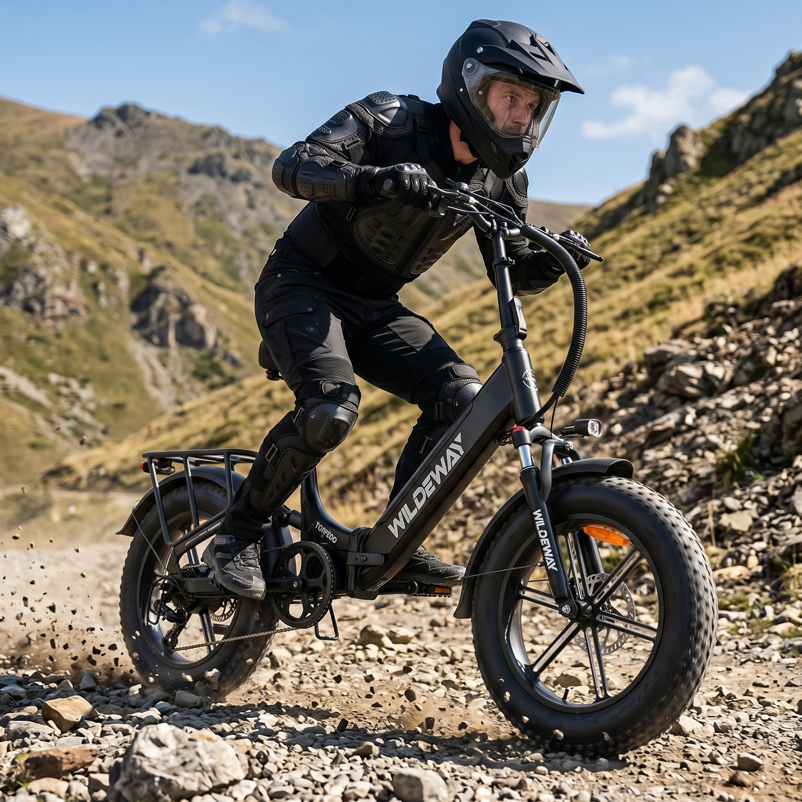 Hombre con equipo de protección monta una bicicleta eléctrica en sendero rocoso.