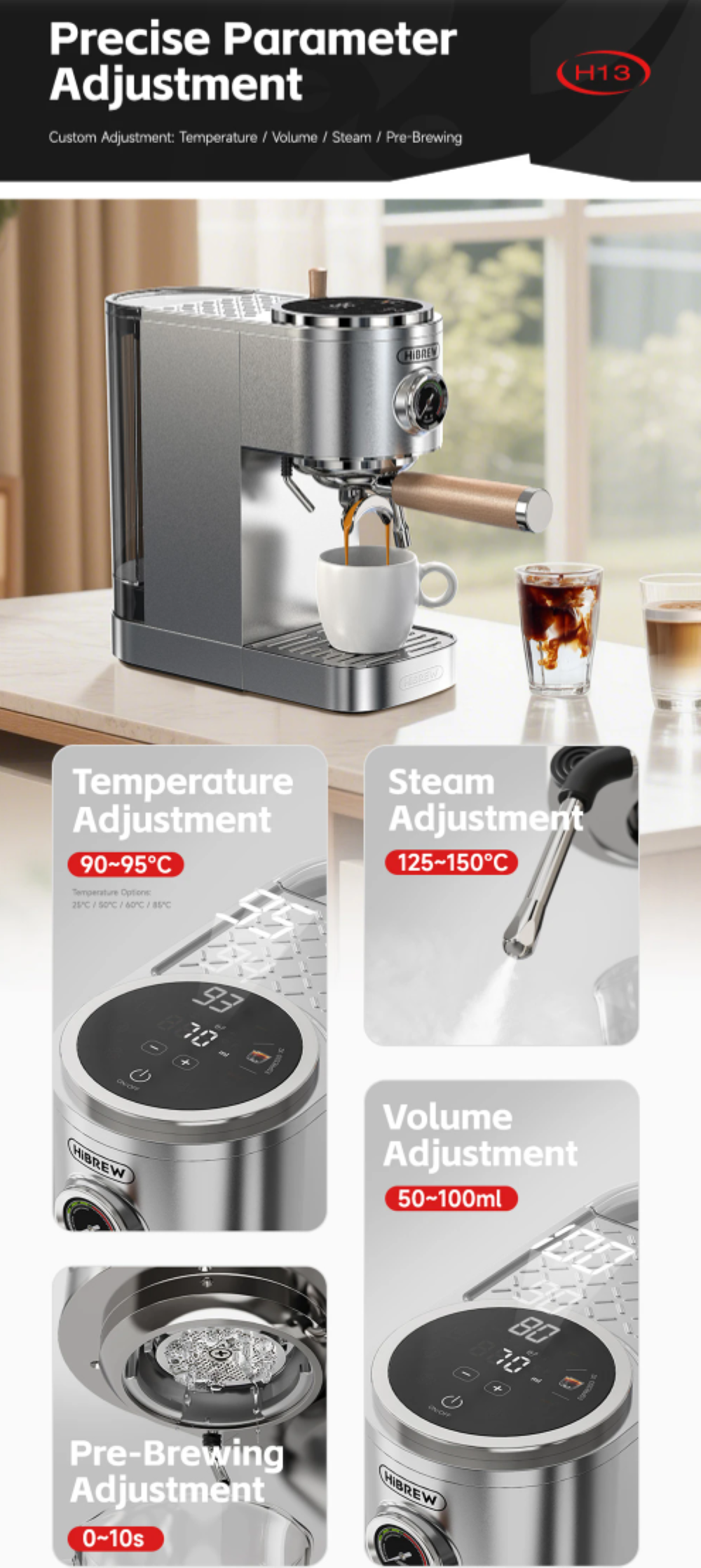 Una máquina de café con ajuste preciso de temperatura, volumen, vapor y pre-infusión.