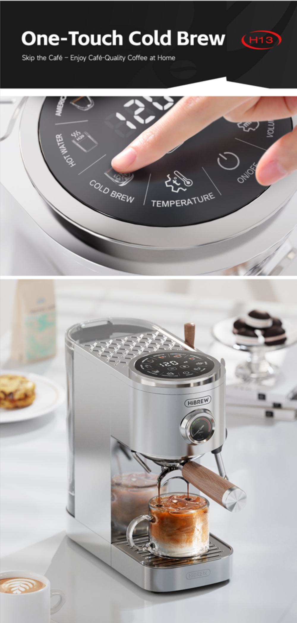 Una cafetera plateada hace café helado. Un dedo toca el panel de control.