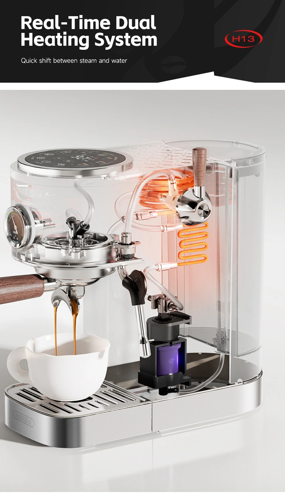 Una máquina de espresso con cuerpo transparente que prepara café en una taza blanca.