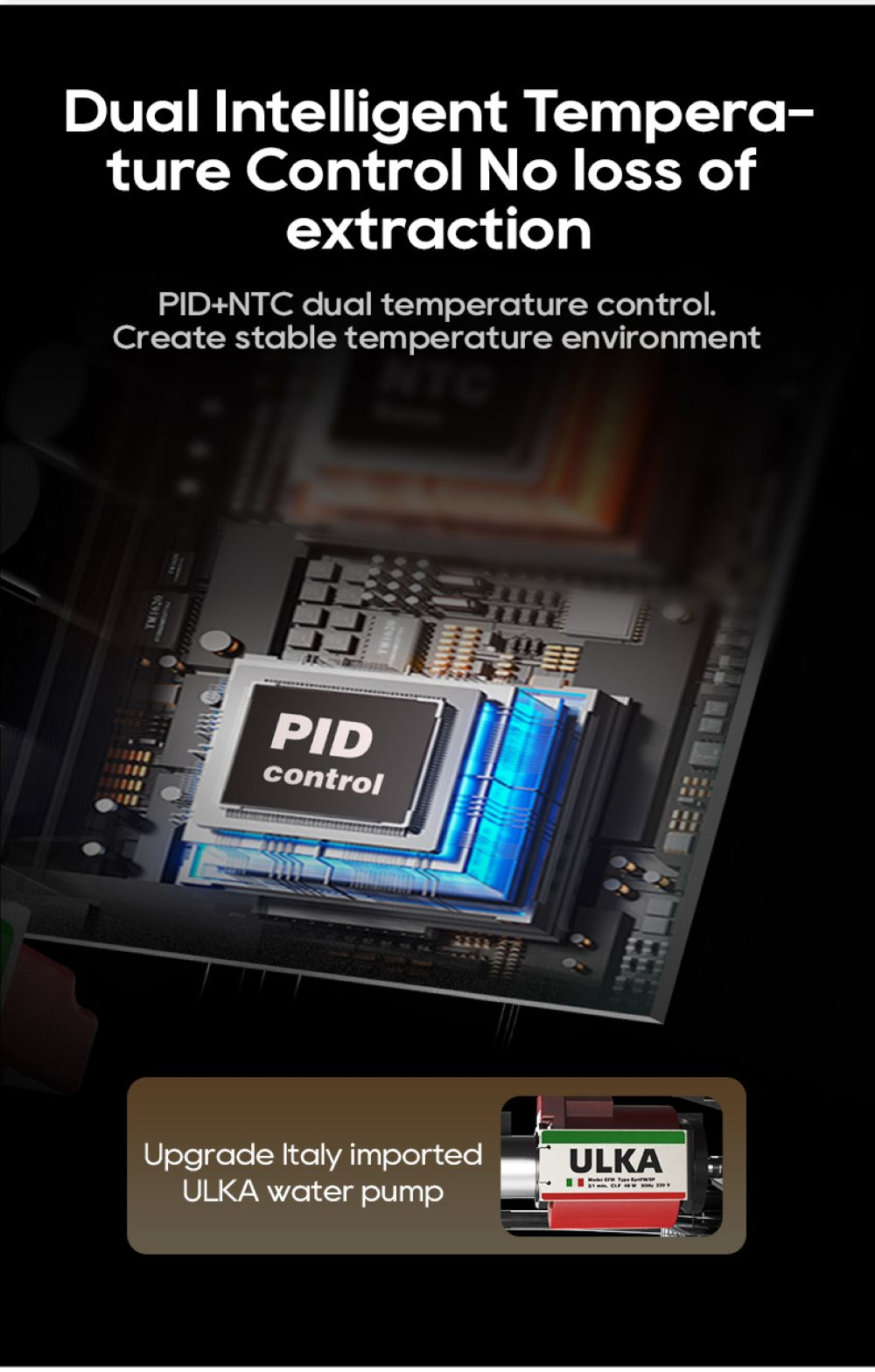 Chip di controllo PID su scheda elettronica sopra pompa acqua ULKA.