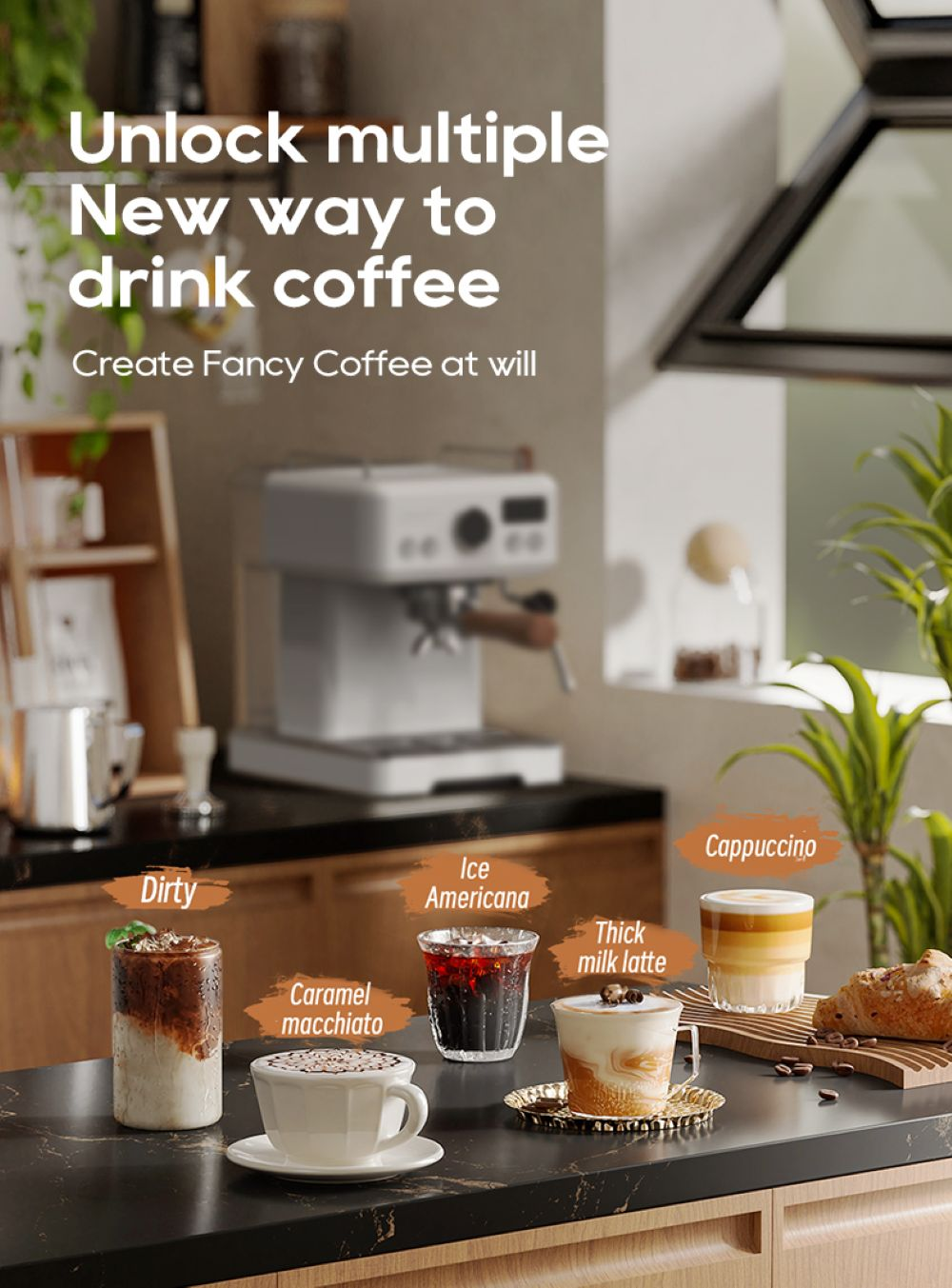 Cinque caffè su un bancone con macchina da caffè sullo sfondo.