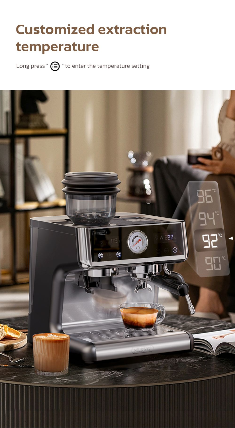 Una máquina de espresso con vaporizador de leche incorporado y pantallas de temperatura digitales.