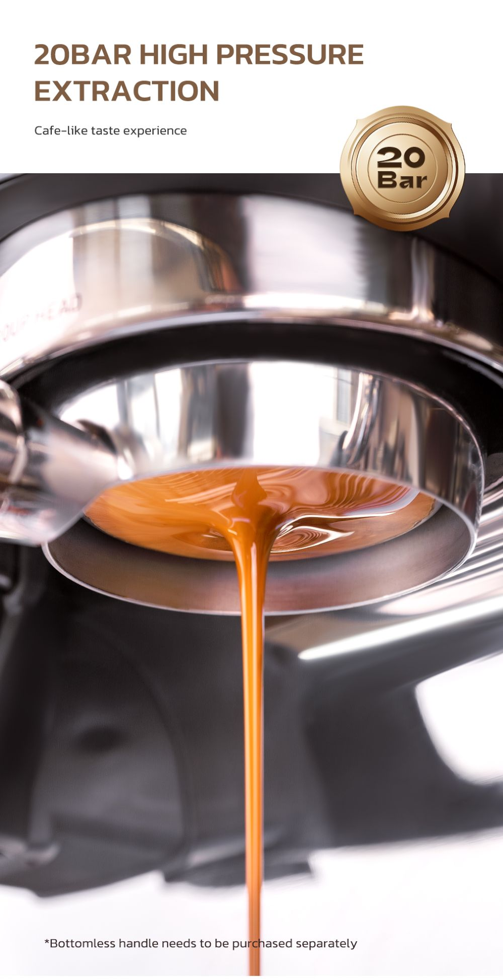 El espresso fluye de una cafetera. Un sello dorado indica 20 Bar.