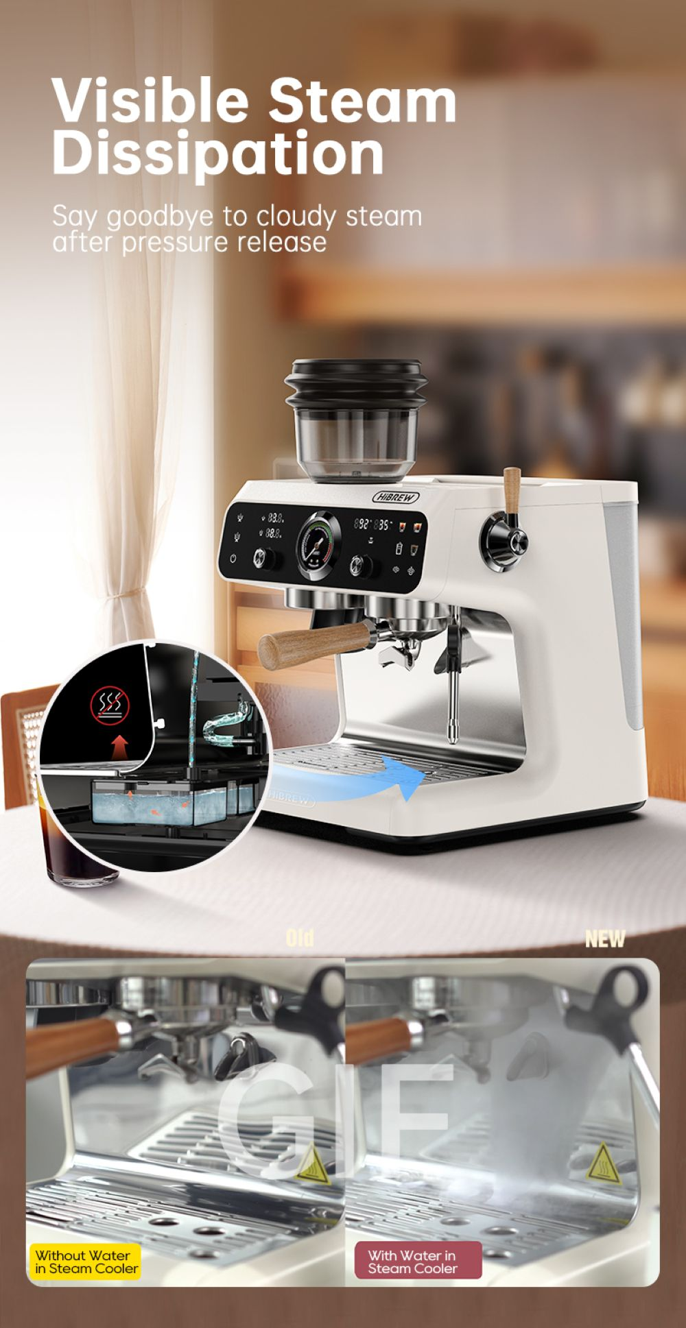 Máquina de café con función de disipación de vapor. Comparación antiguo vs. nuevo.