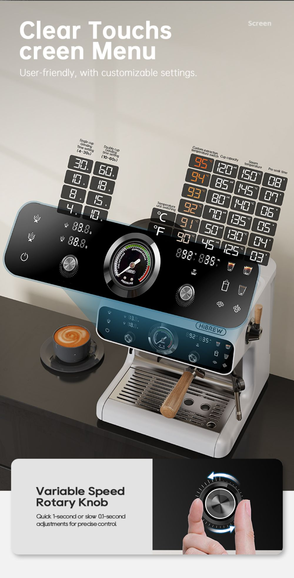 Máquina de espresso con menú táctil, manómetro y una taza de café.