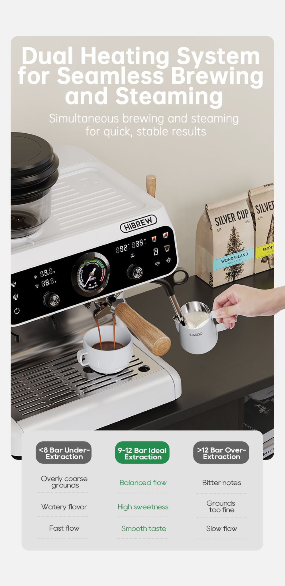 Una máquina de espresso blanca sirviendo en una taza, con bolsas de café al fondo.