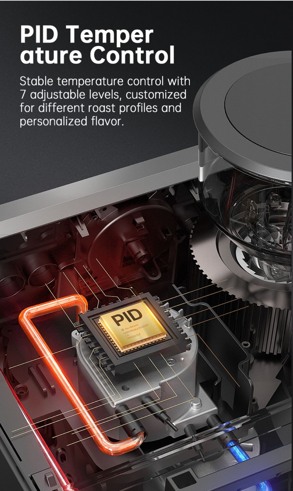 Primer plano de un controlador de temperatura PID con un chip dorado.