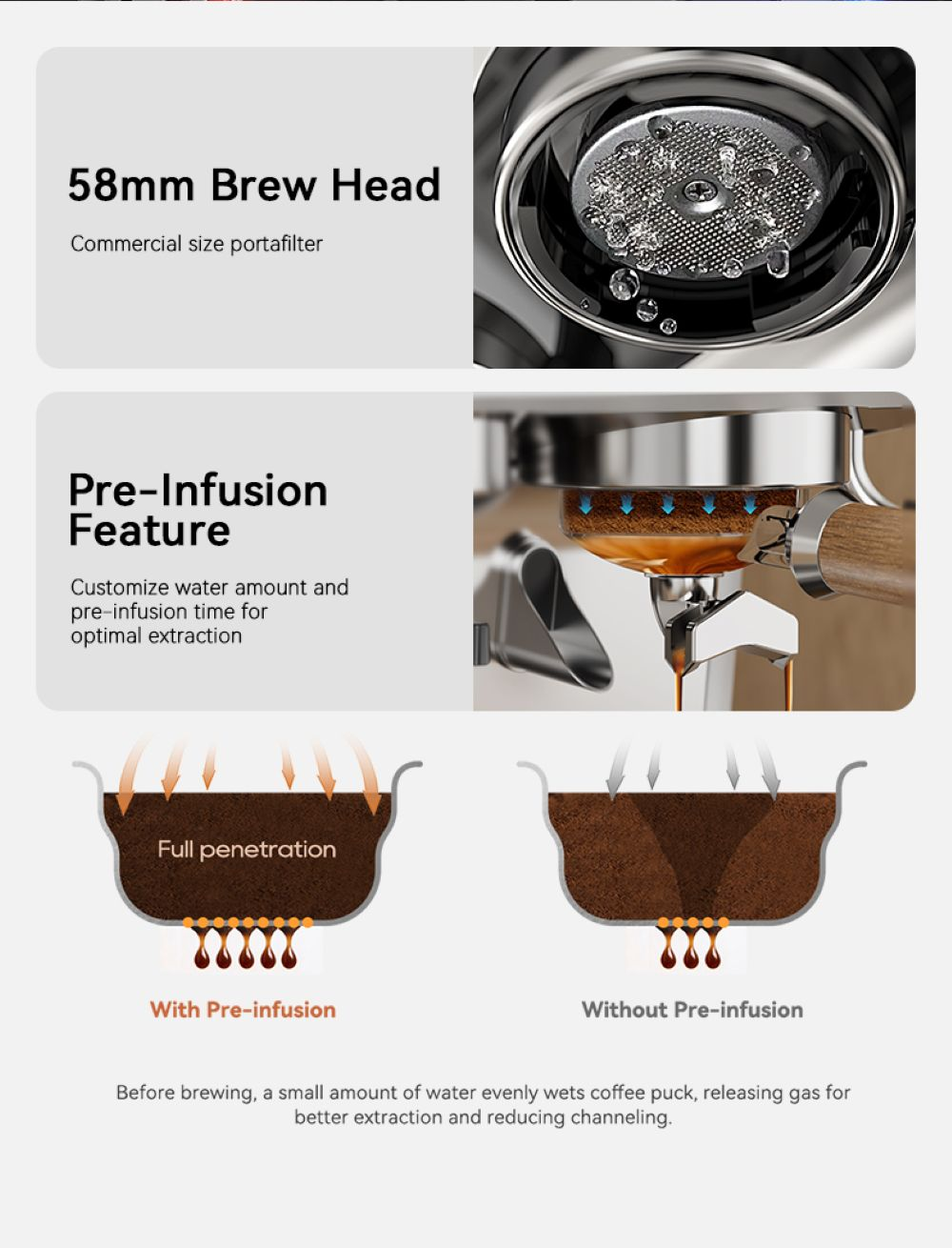 Máquina de espresso con cabezal de 58mm y función de preinfusión para mejor extracción.