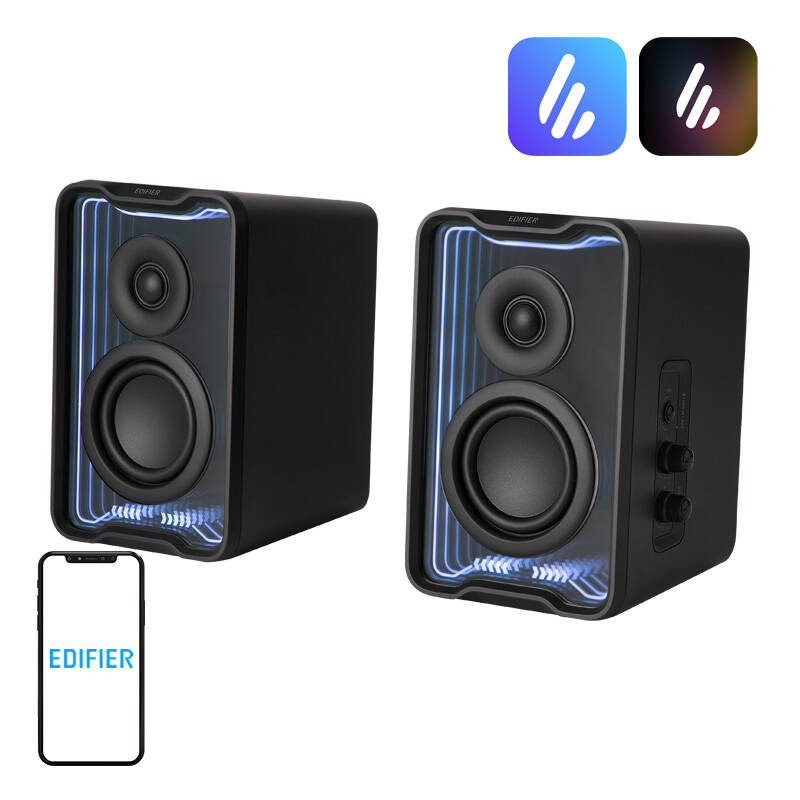 Dos altavoces negros con iluminación azul, junto a ellos un smartphone.