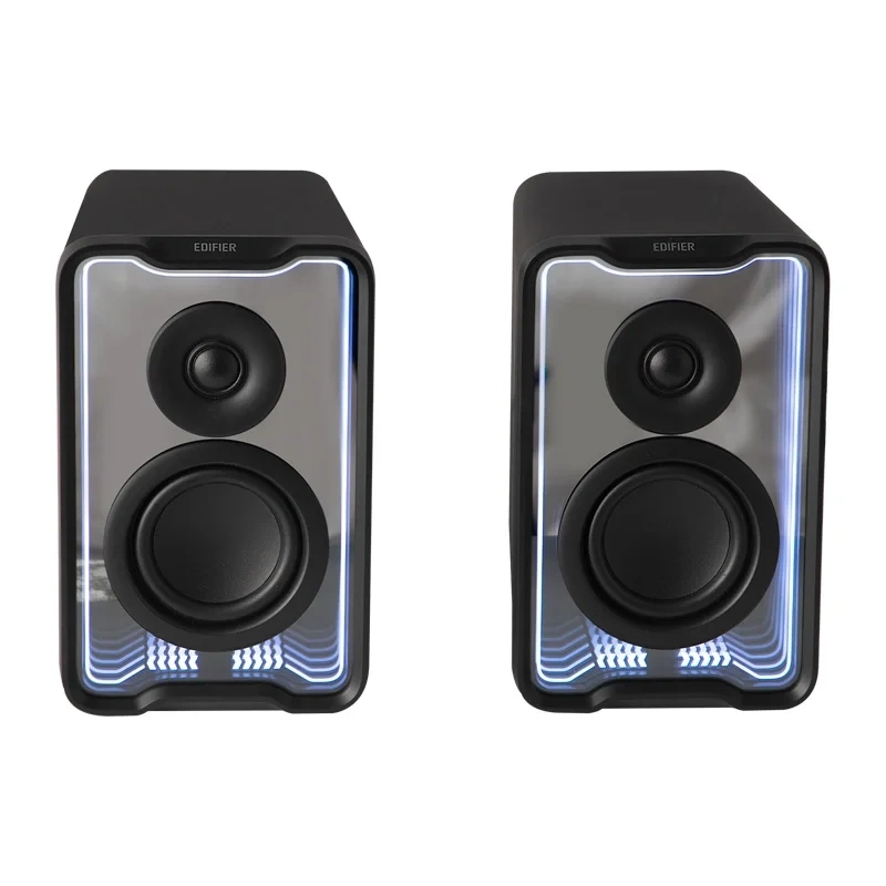 Dos altavoces negros con frentes plateados e iluminación azul.