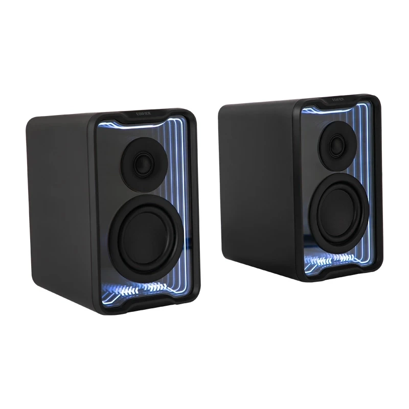 Dos altavoces negros con iluminación azul.