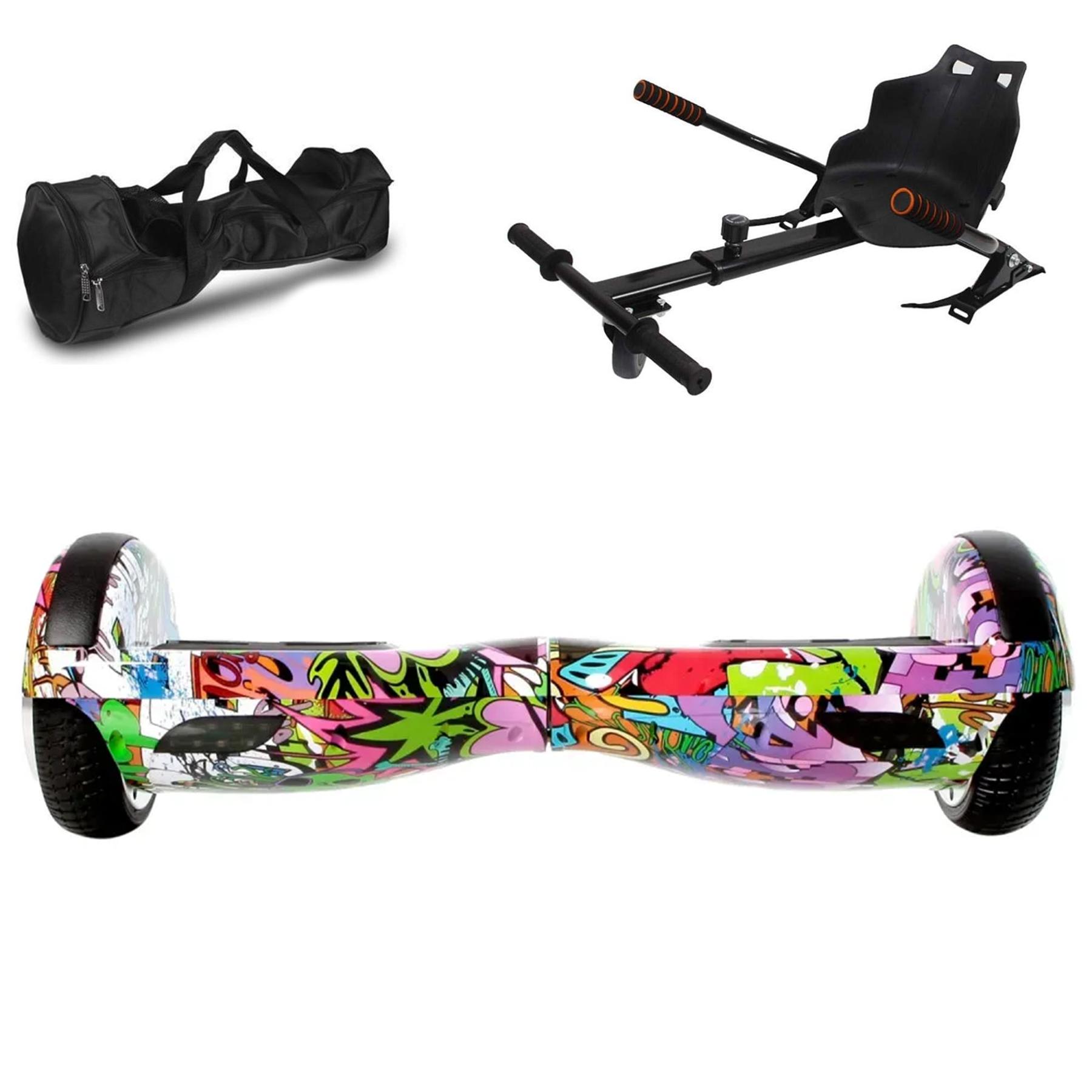 Çantalı ve go-kart aparatlı renkli hoverboard.
