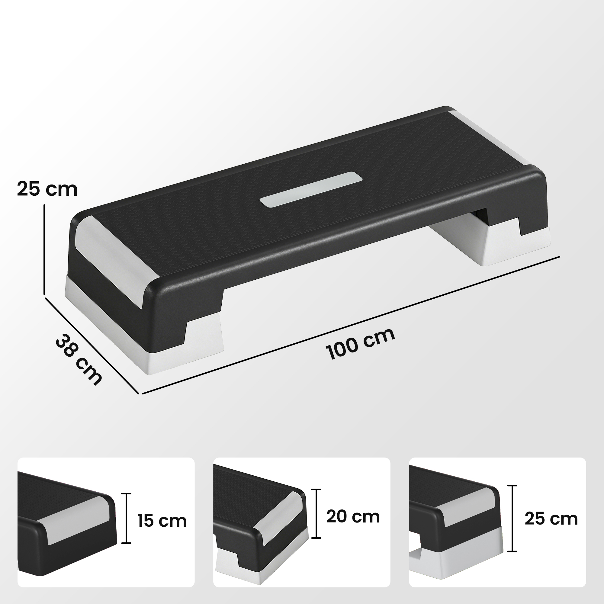 Step aeróbico negro con detalles blancos. Dimensiones 100x38x25 cm.