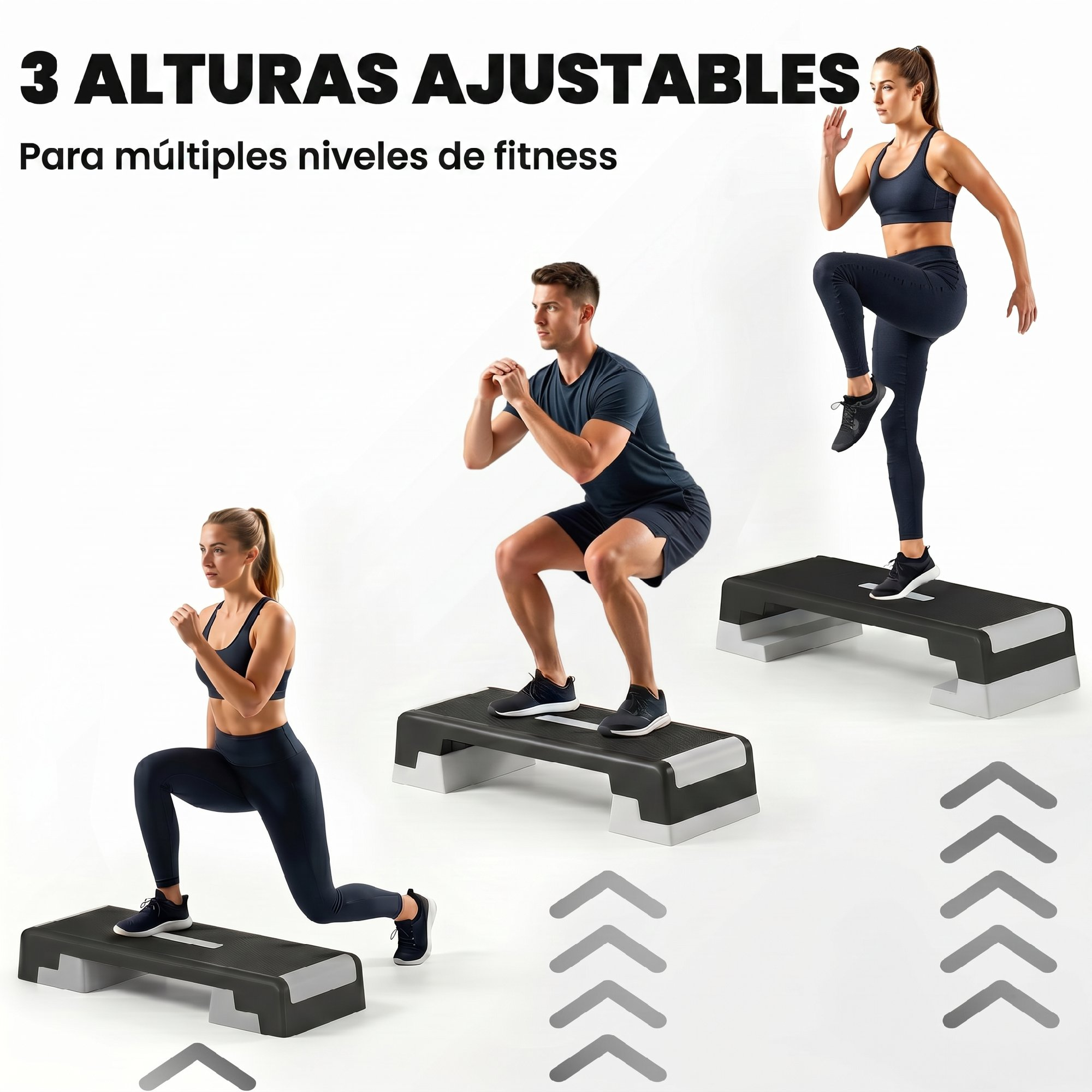 Tres personas hacen ejercicio en plataformas de escalón ajustables de diferentes alturas.