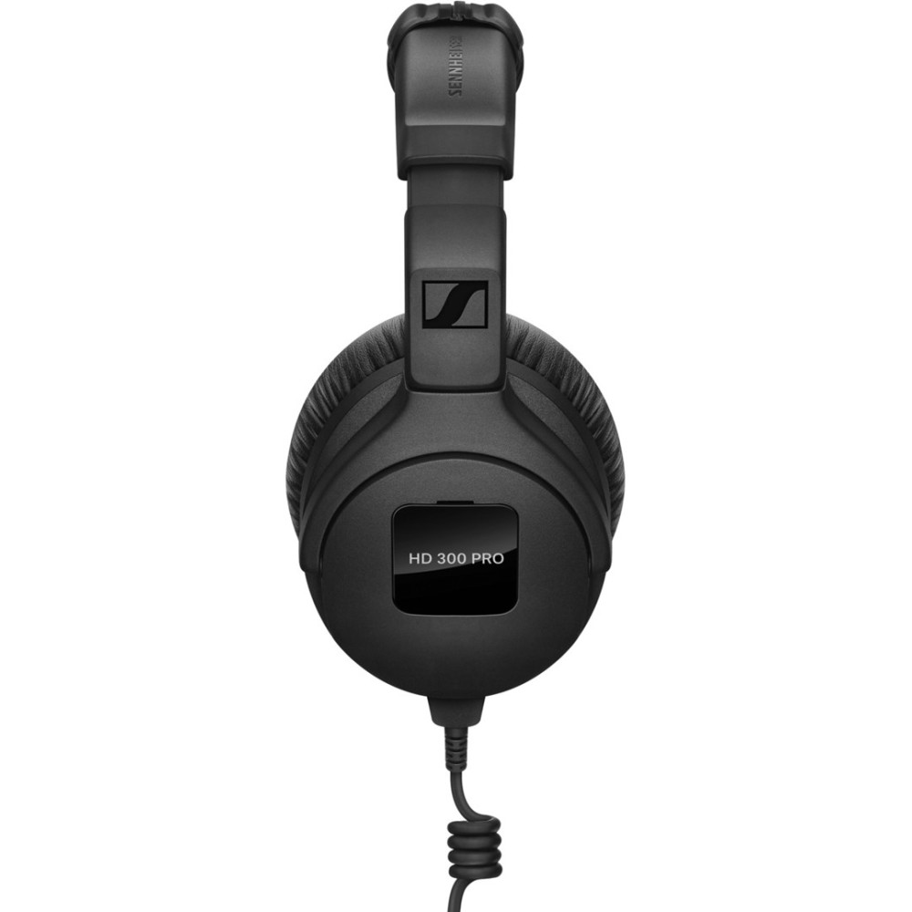 Czarne słuchawki Sennheiser HD 300 Pro z wyściełanymi nausznikami i spiralnym kablem.