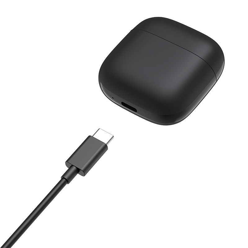 Czarne etui ładujące do słuchawek z kablem USB-C na białym tle.