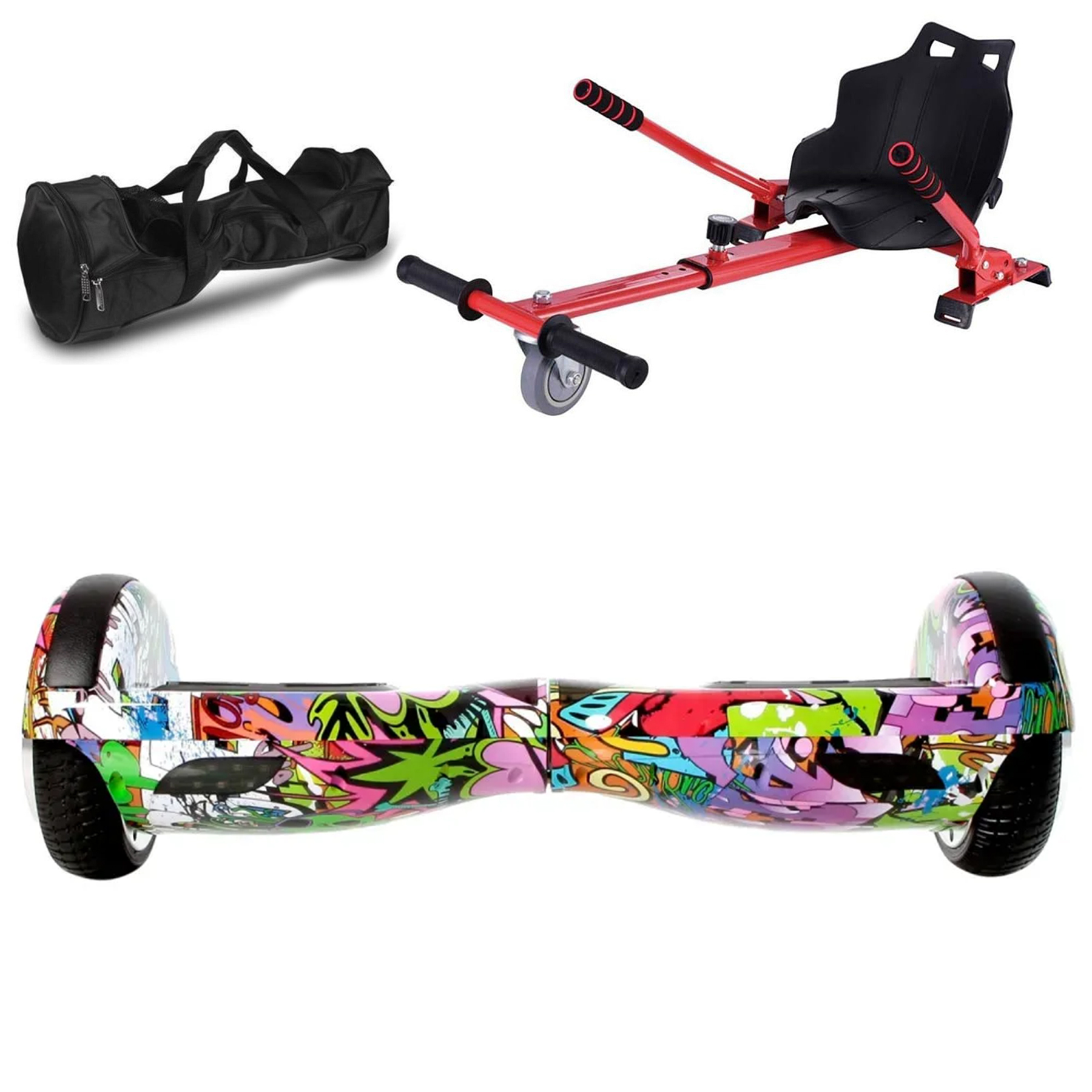 Graffiti desenli hoverboard, çanta ve go-kart aparatı.