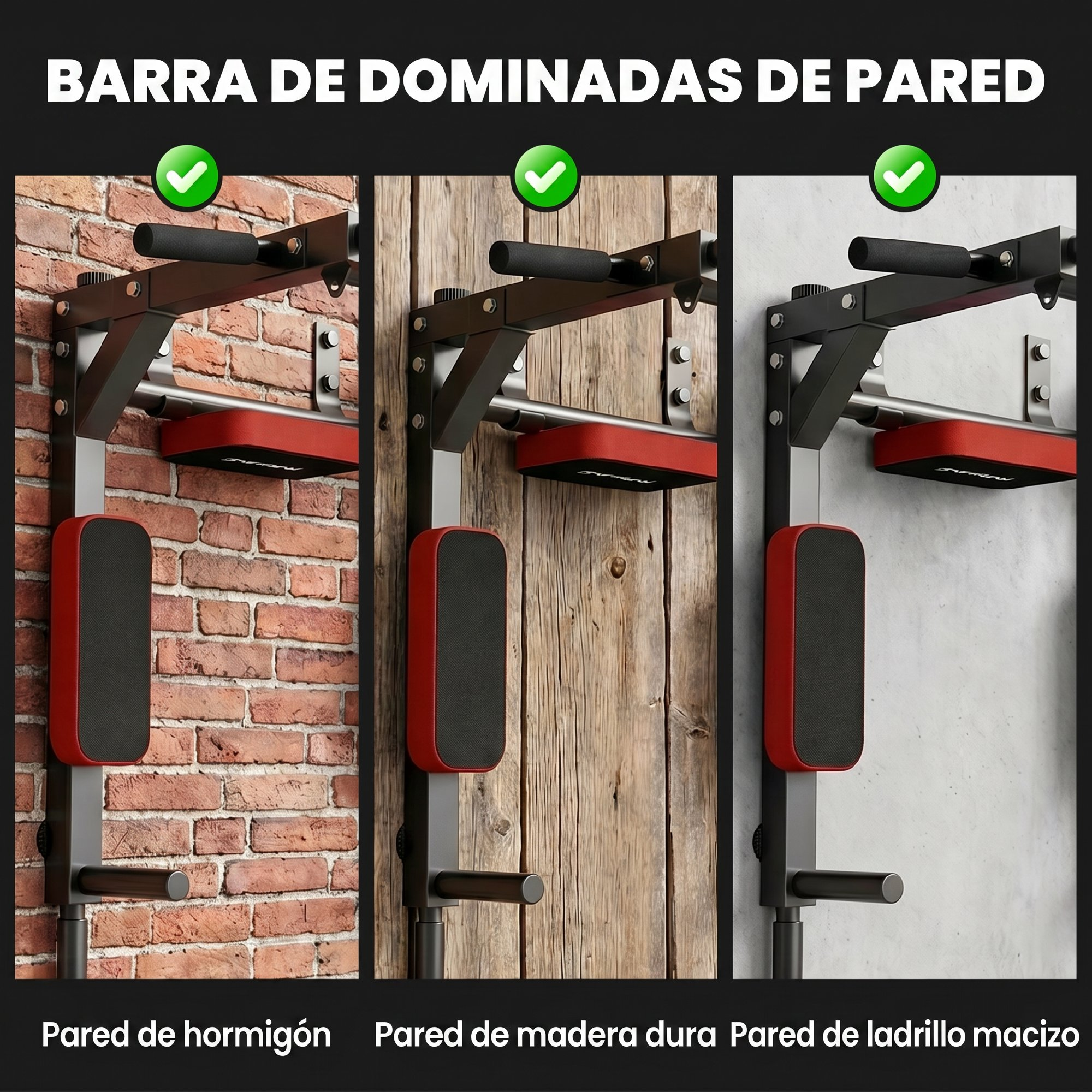 Barra de dominadas de pared en hormigón, madera dura y ladrillo macizo.