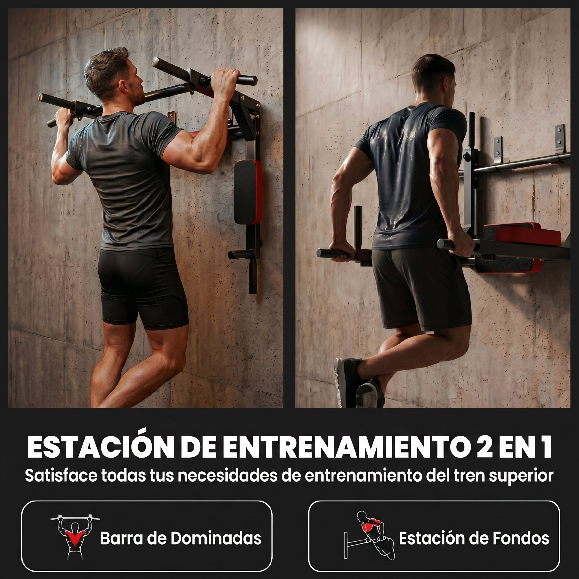 Hombre haciendo dominadas y fondos en estación de entrenamiento en pared de hormigón.