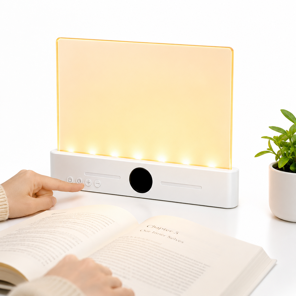 Una mano ajusta una lámpara con luz amarilla. Un libro yace delante.