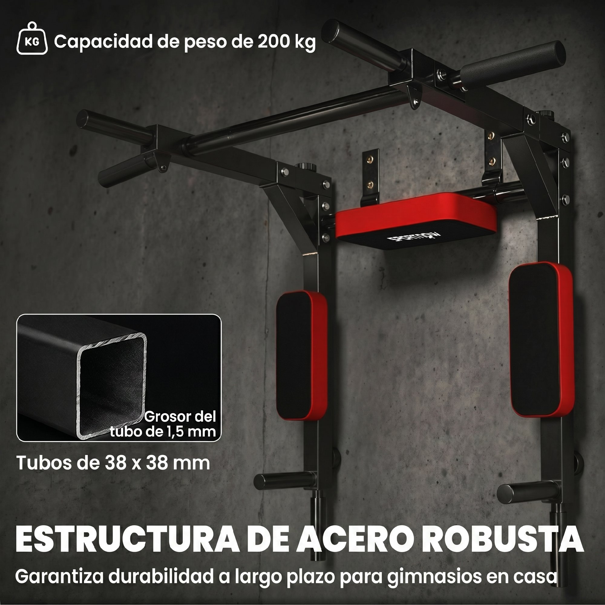 Barra de dominadas negra con almohadillas rojas y negras, 200kg.