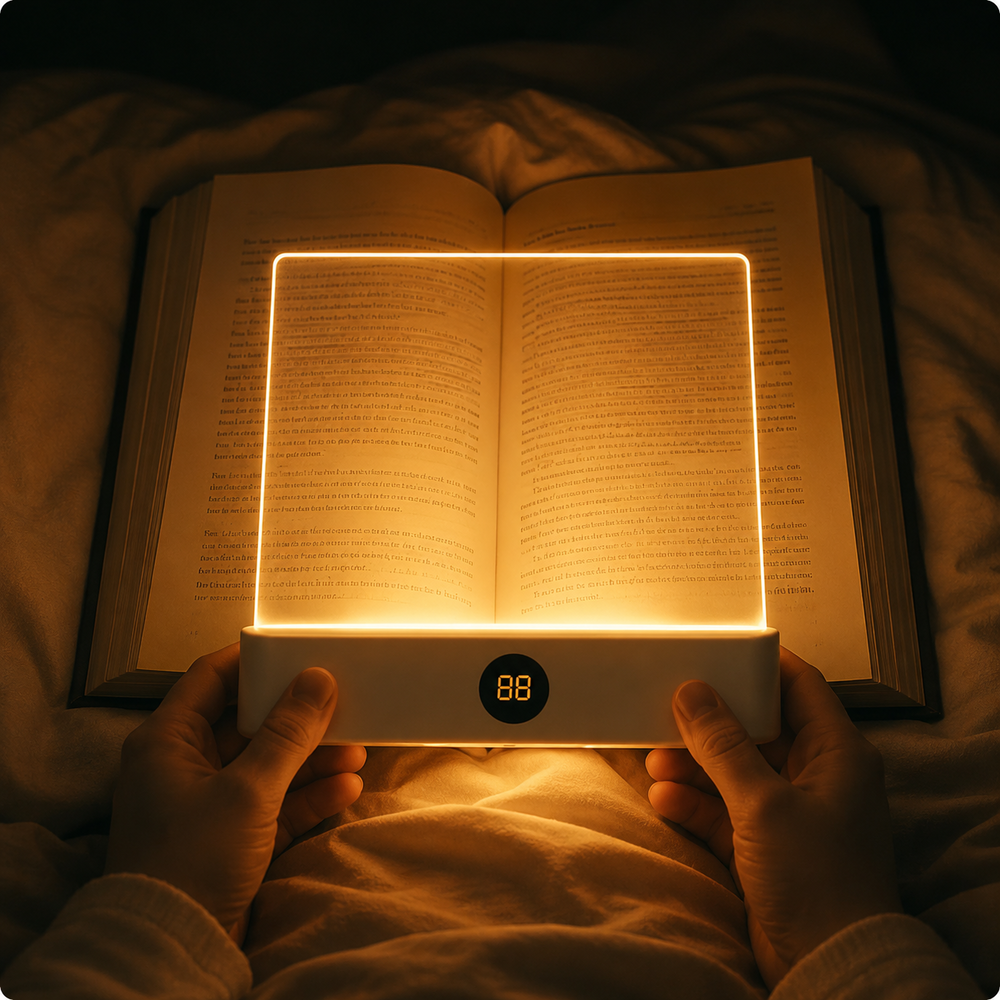 Manos sostienen un libro abierto con una lámpara de lectura LED con pantalla.