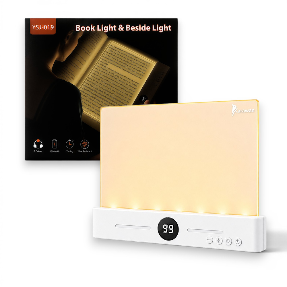 Una luz de libro y lámpara de noche con pantalla digital y controles.