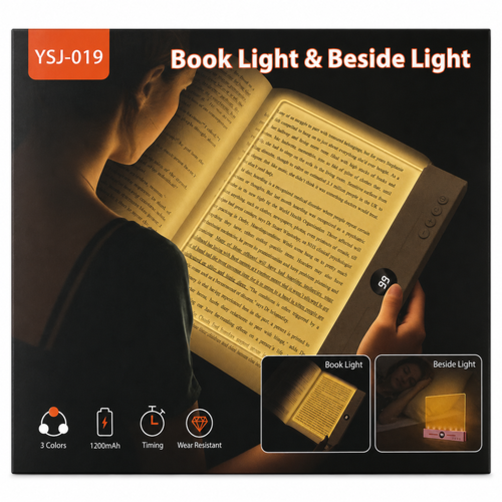 Una persona lee con una luz de libro. Las características del producto están abajo.