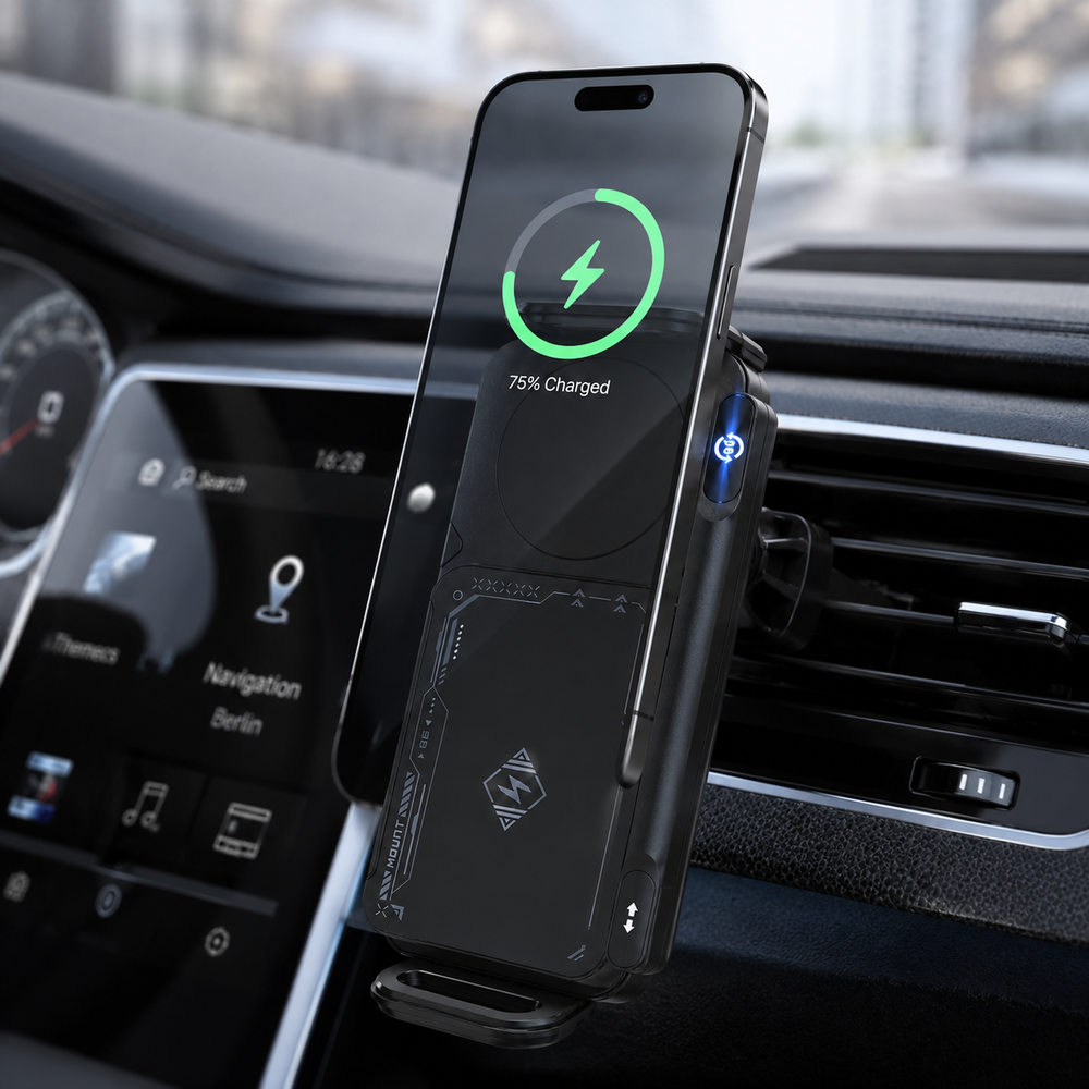 Un smartphone se está cargando inalámbricamente en un coche. Muestra 75%.