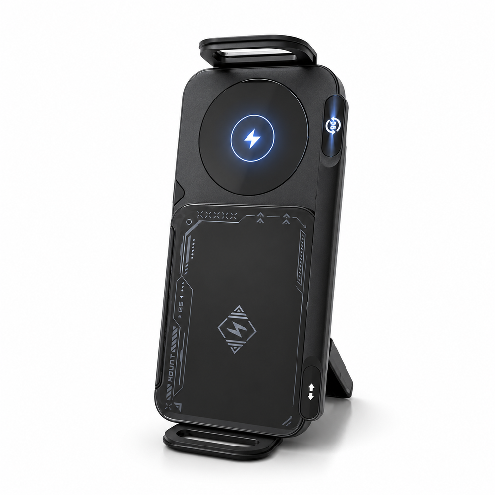 Cargador vertical negro con icono de rayo y soporte.