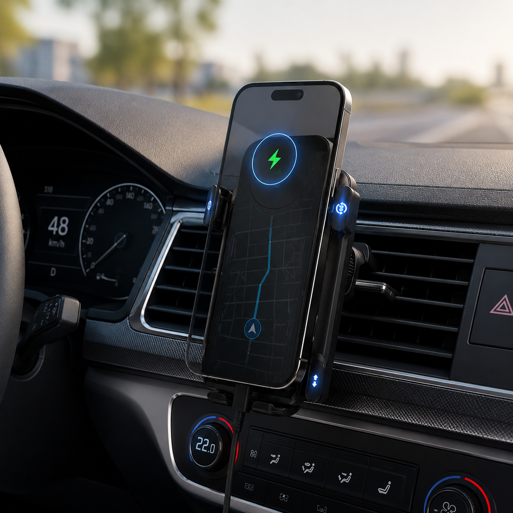Un smartphone en un soporte para coche mostrando una app de navegación, fijado al salpicadero.