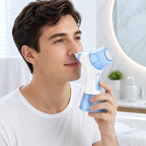 Hombre usa un irrigador nasal azul y blanco en un baño.