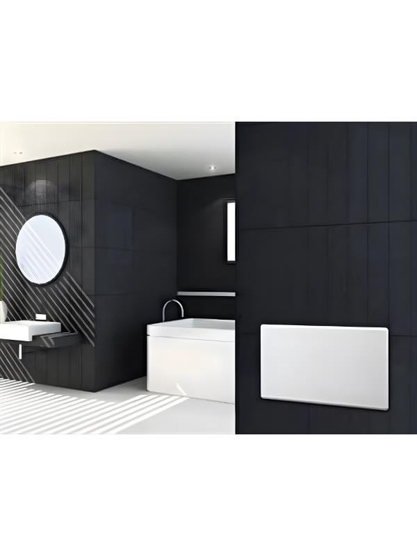 Beyaz küvet, lavabo ve radyatörlü modern siyah banyo.