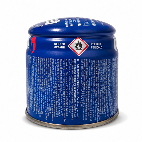 Cartucho de gas azul con símbolos de peligro y texto.