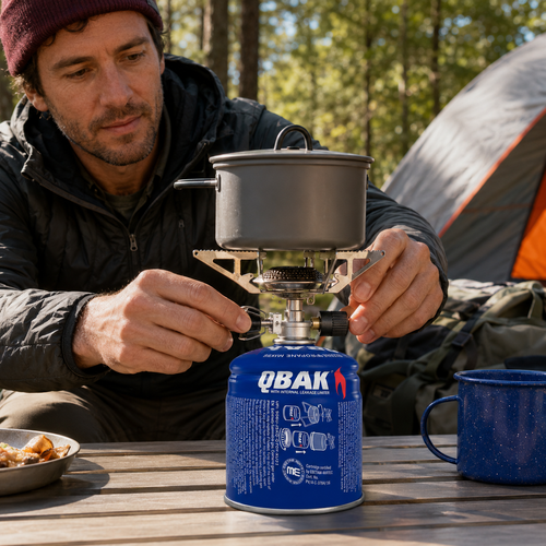 Hombre ajusta cocina de camping con olla en mesa, tienda detrás.