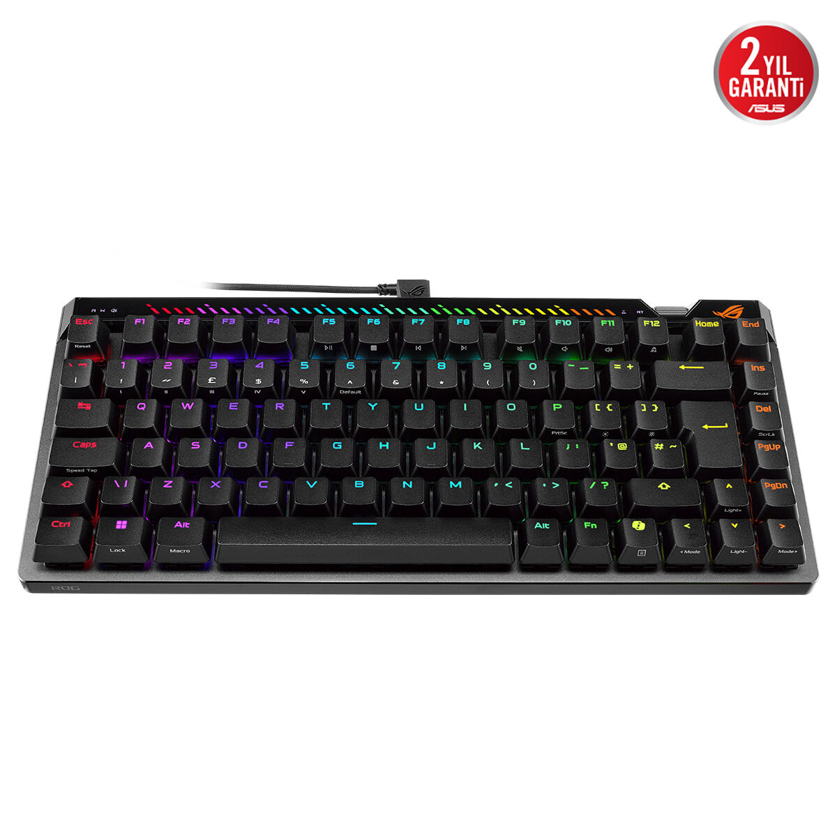 RGB aydınlatmalı ve turkuaz tuşlu siyah oyuncu klavyesi.
