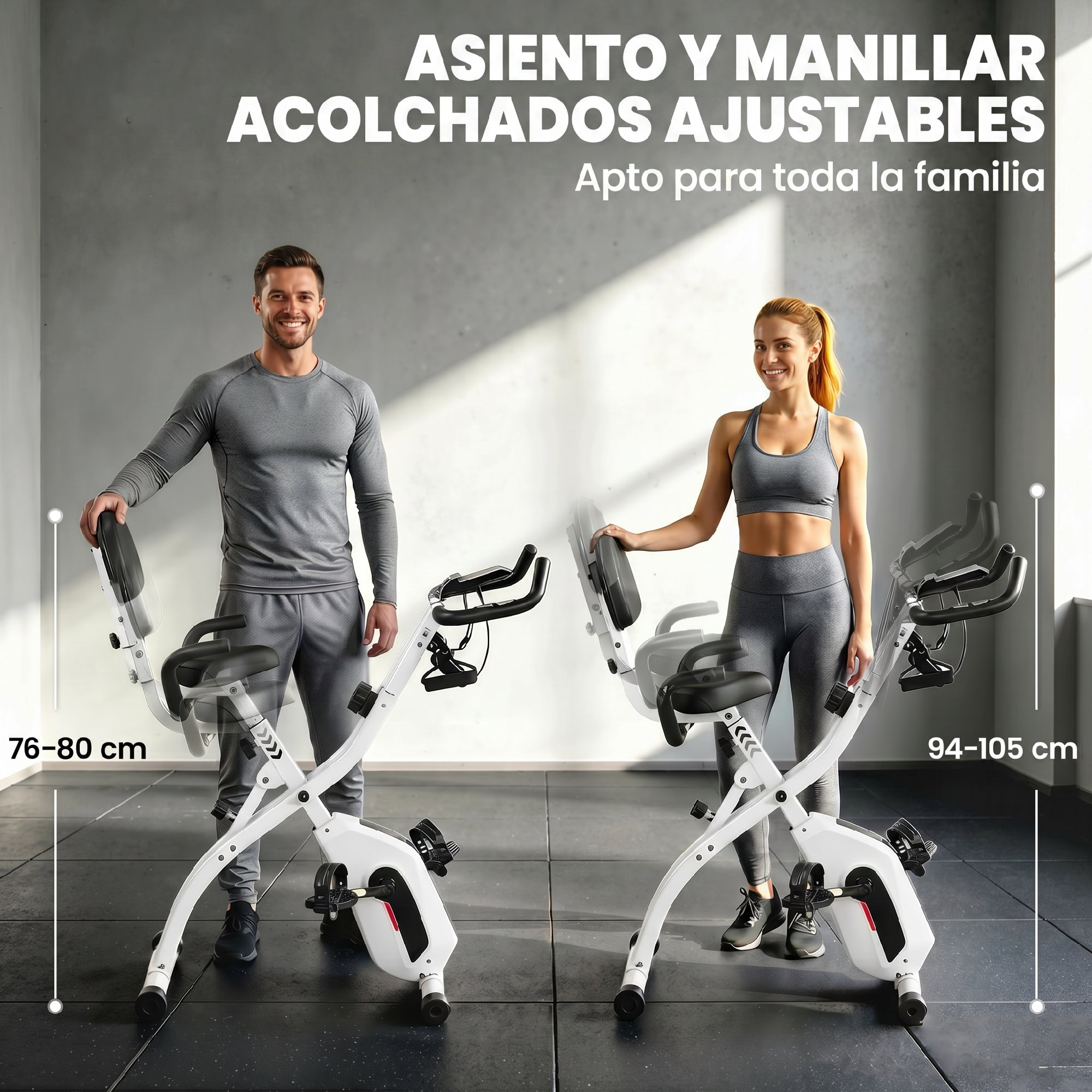 Hombre y mujer junto a bicicletas estáticas blancas. Se ven indicadores de tamaño.