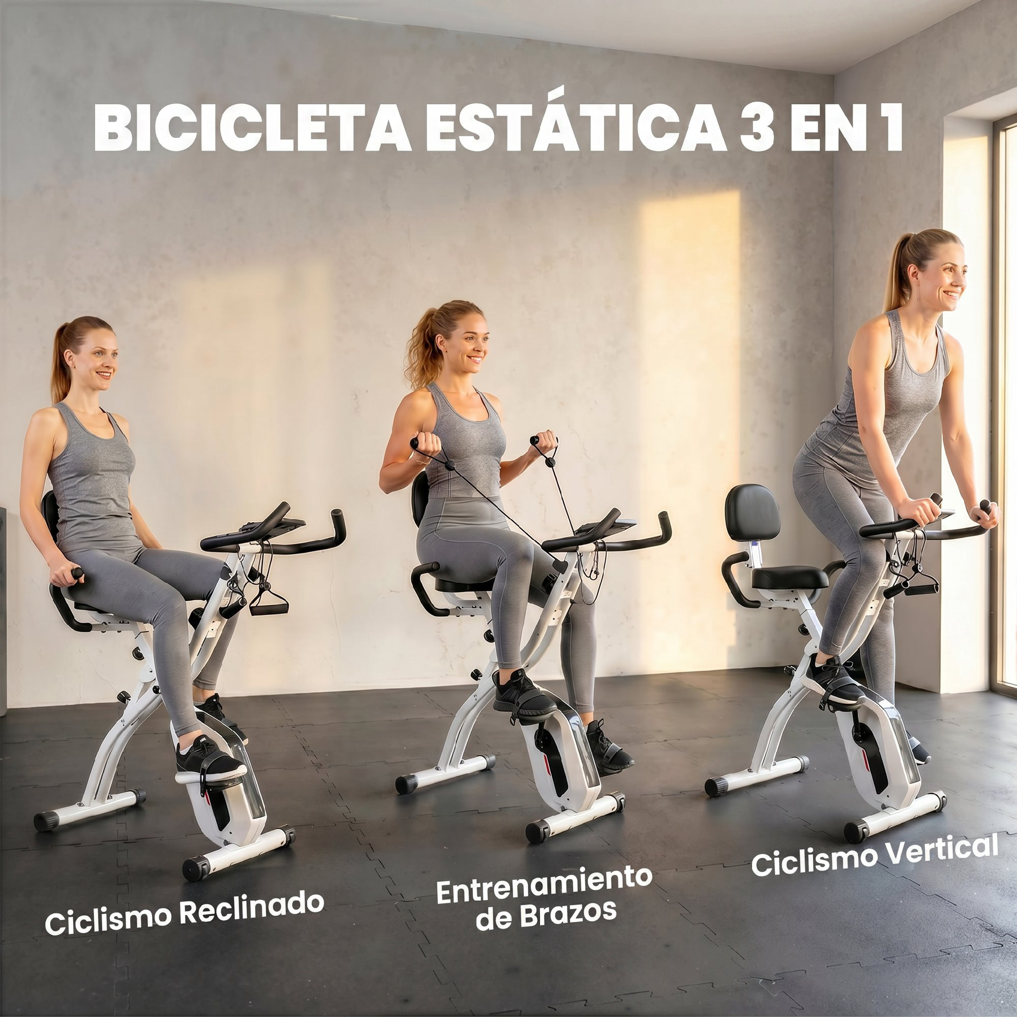 Tres mujeres hacen ejercicio en diferentes modelos de bicicleta estática.