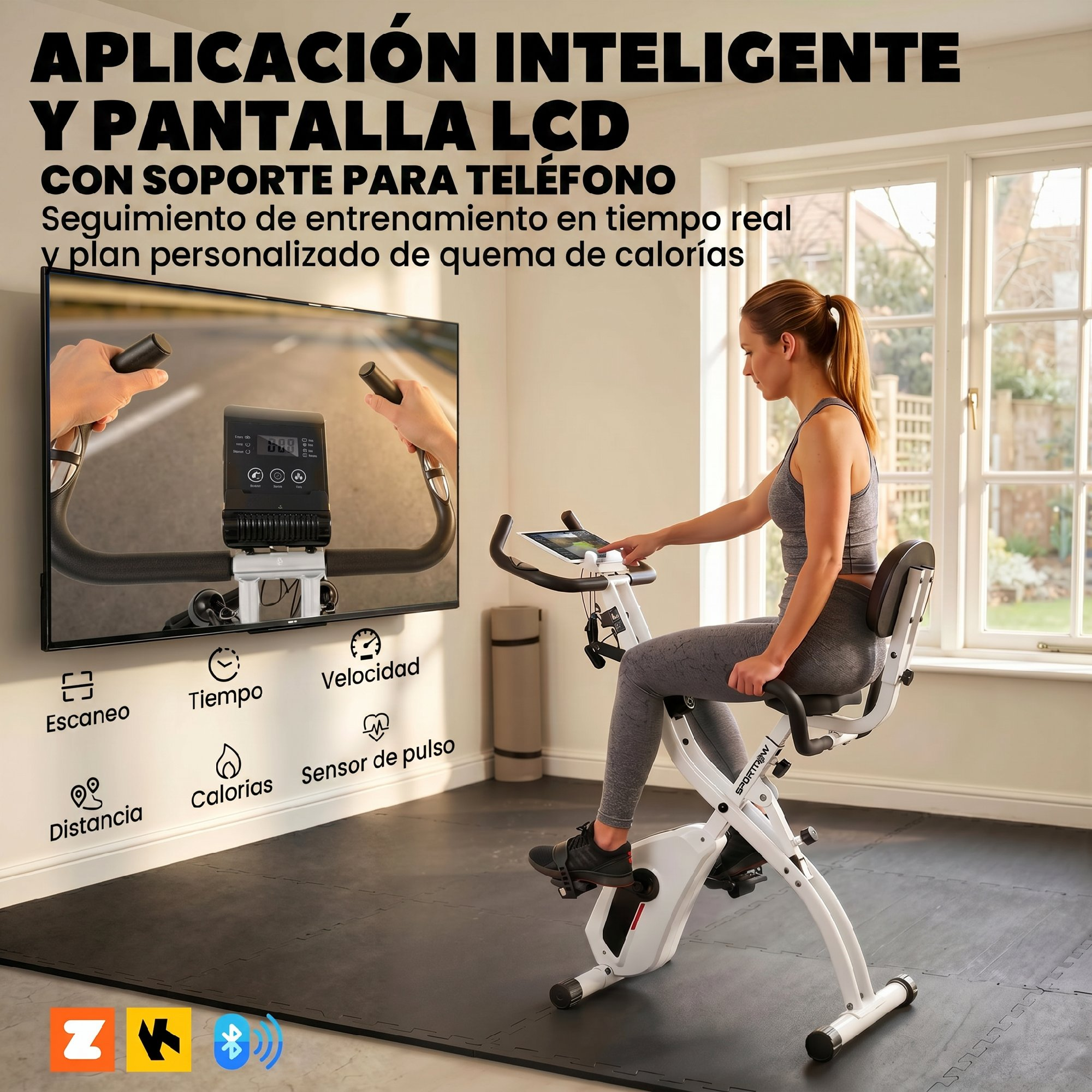 Una mujer se ejercita en una bicicleta estática blanca frente a una pantalla grande con datos.