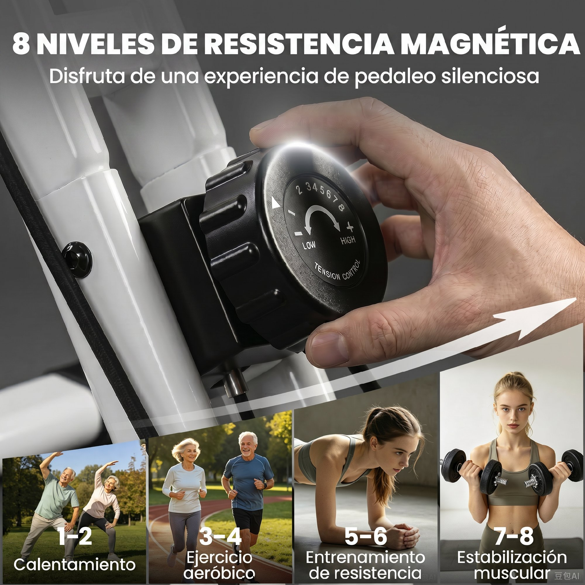 Un hombre ajusta la resistencia de una máquina de ejercicio. Cuatro escenas muestran ejercicios.