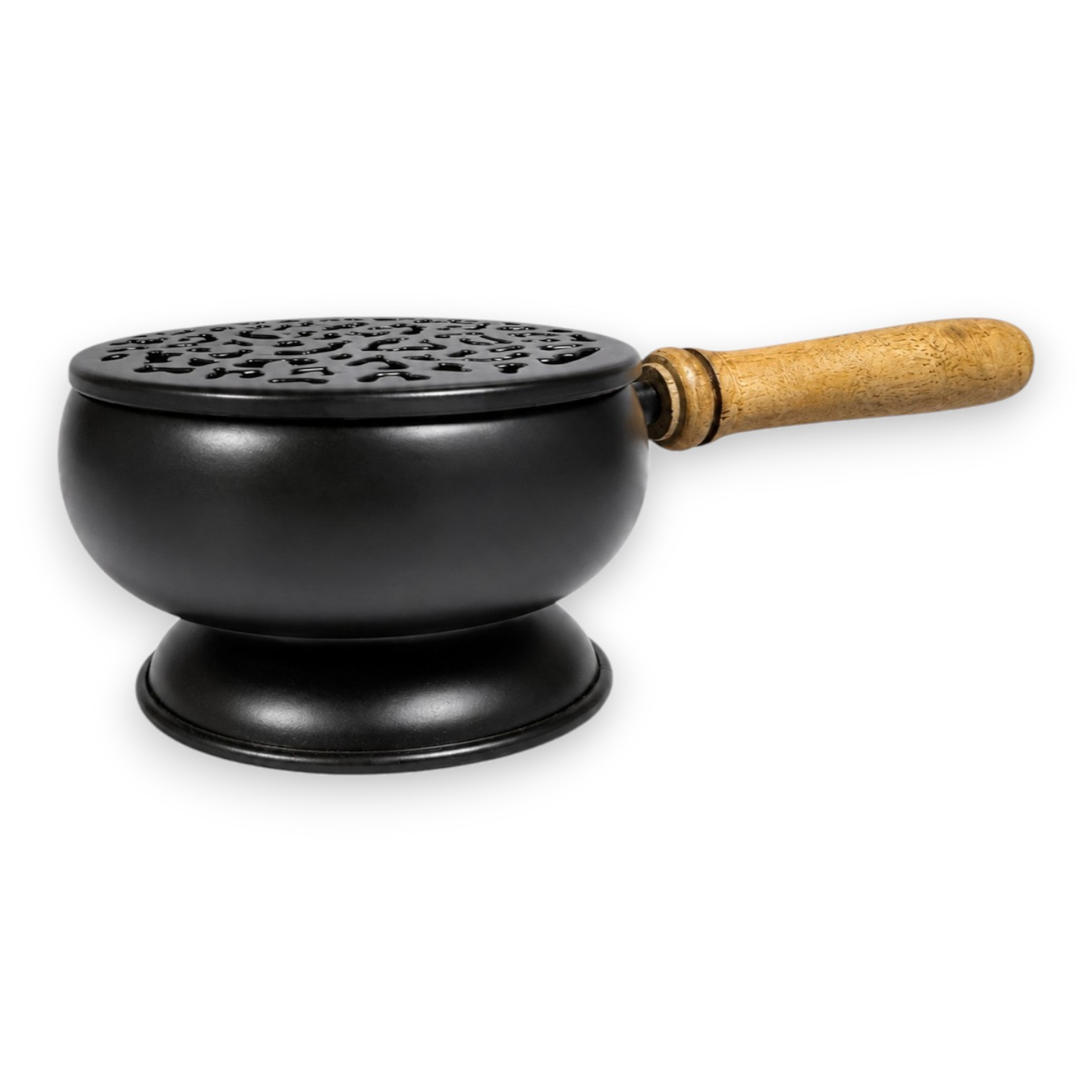 Olla de fondue negra con mango de madera y tapa decorativa.