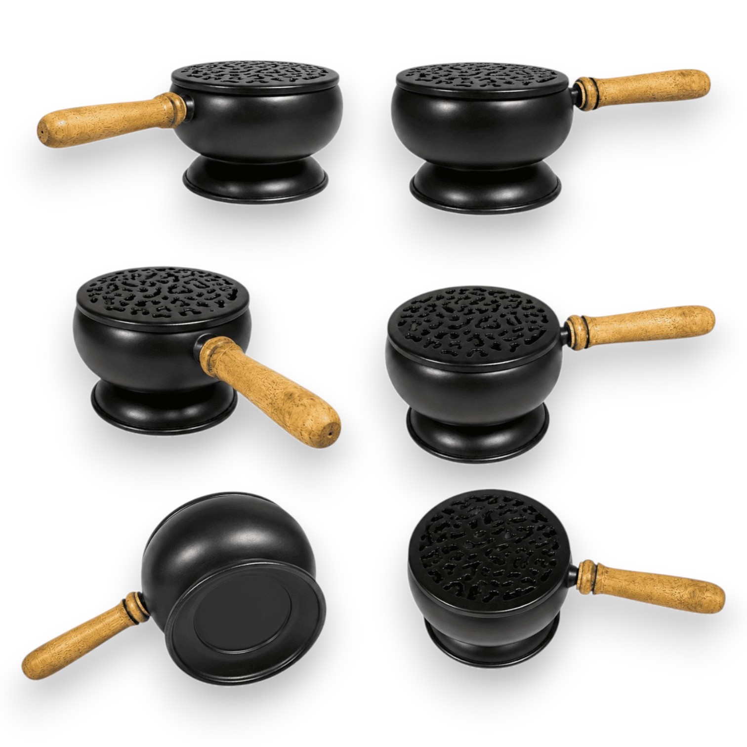 Un quemador de incienso negro con mango de madera y tapa perforada.