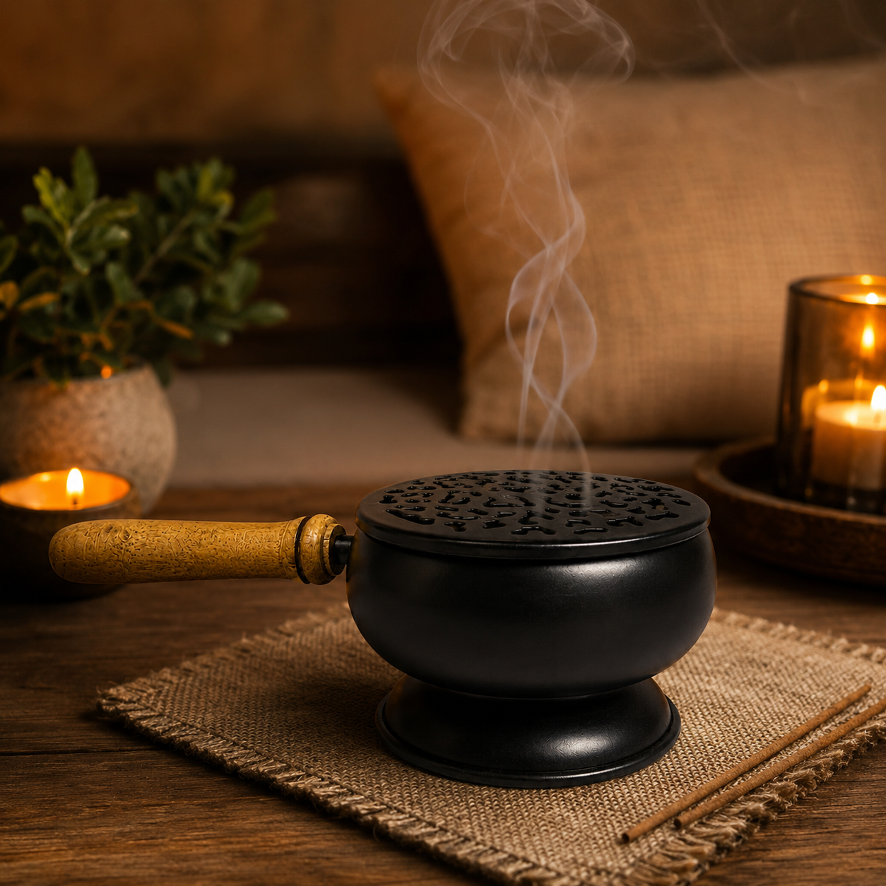 Un incensario negro con mango de madera emite humo. Dos velas encendidas y una planta están cerca.