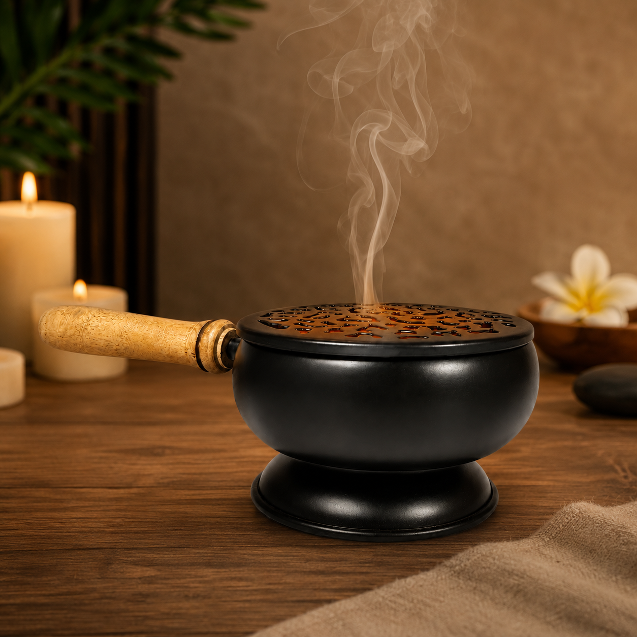 Un incensario negro con mango de madera emite humo. Velas y una flor están cerca.
