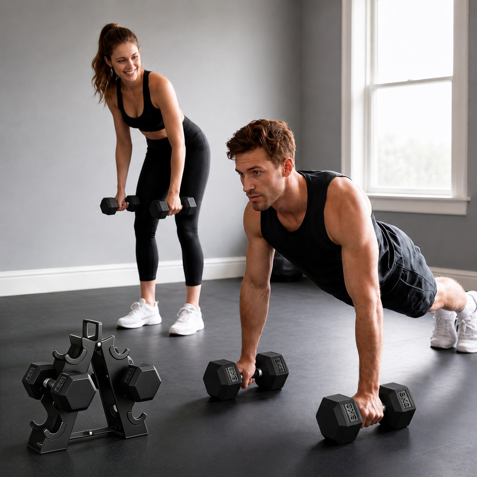 Hombre hace flexiones con mancuernas, mujer sostiene mancuernas detrás.