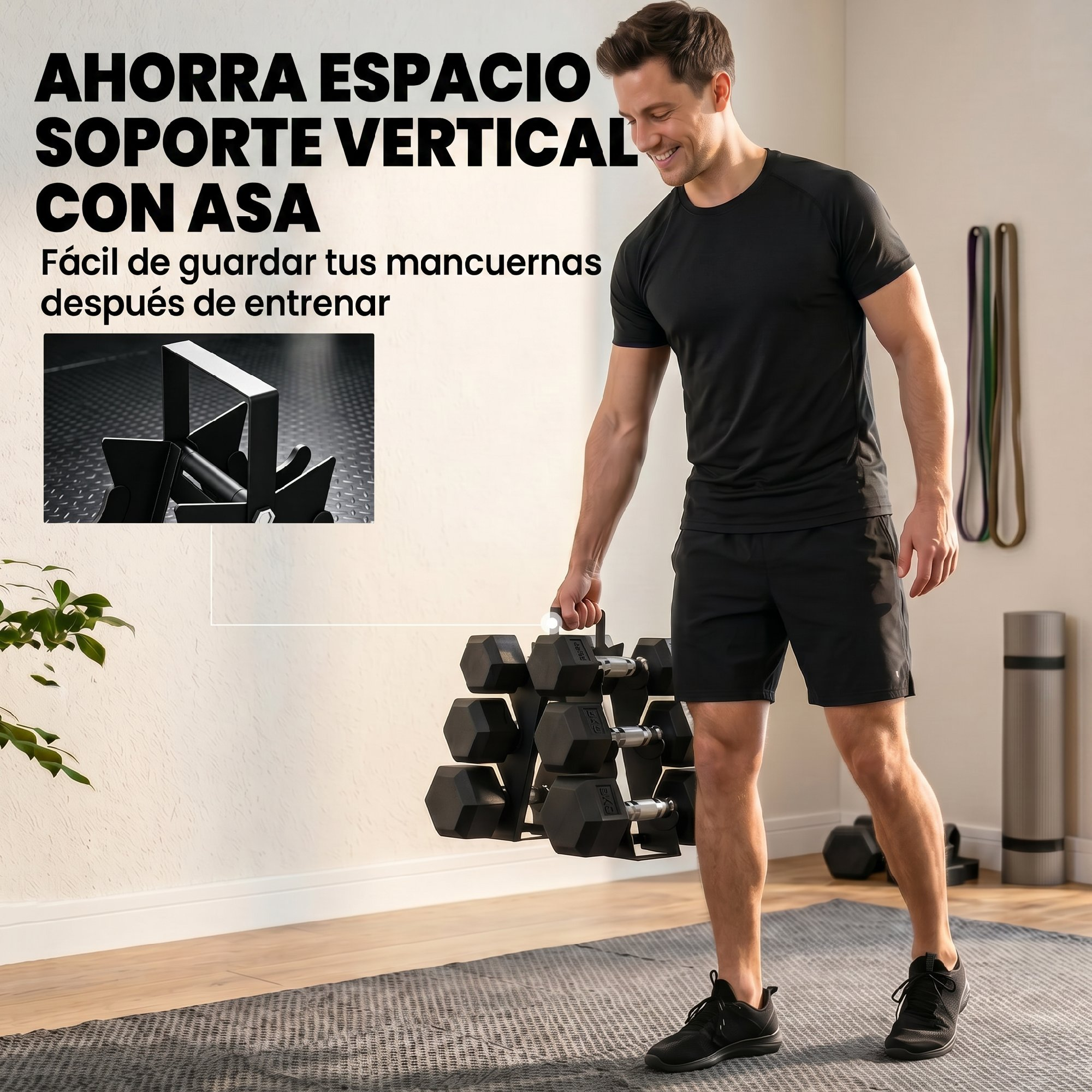 Hombre con soporte de mancuernas y mancuernas. Bandas de ejercicio y esterilla en fondo.